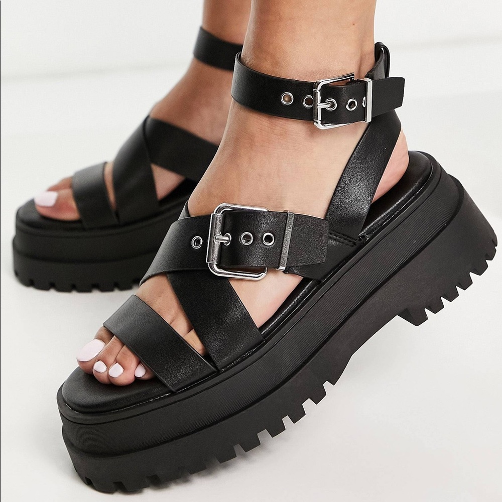 New Public Desire Chunky Black Ankle Strap Grunge Punk Platform Sandals